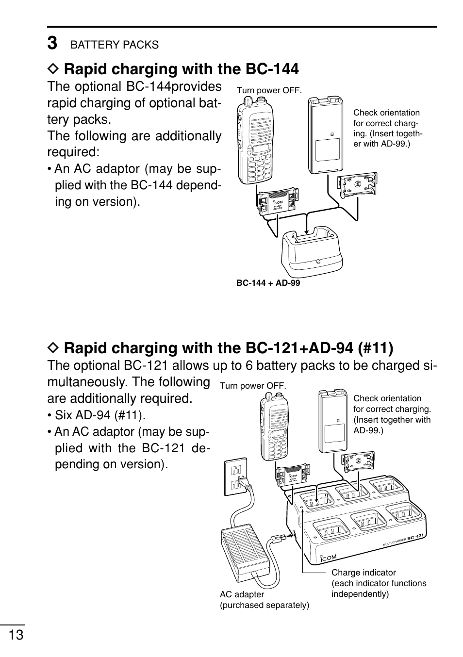 Drapid charging with the bc-144 | Icom IC-V8 User Manual | Page 22 / 68