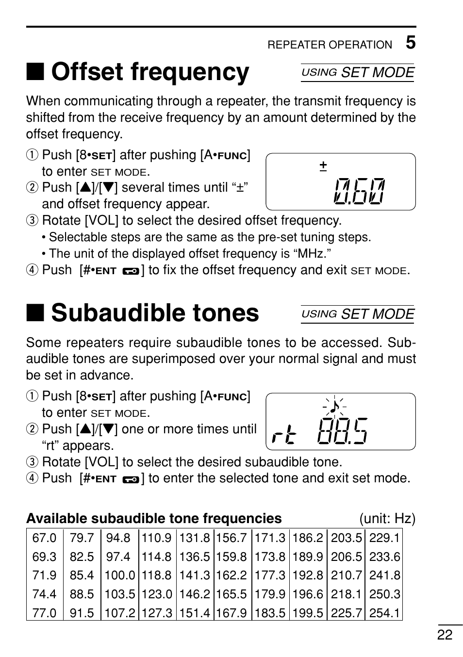 Offset frequency, Subaudible tones, Set mode | Available subaudible tone frequencies (unit: hz) | Icom IC-V8 User Manual | Page 31 / 68