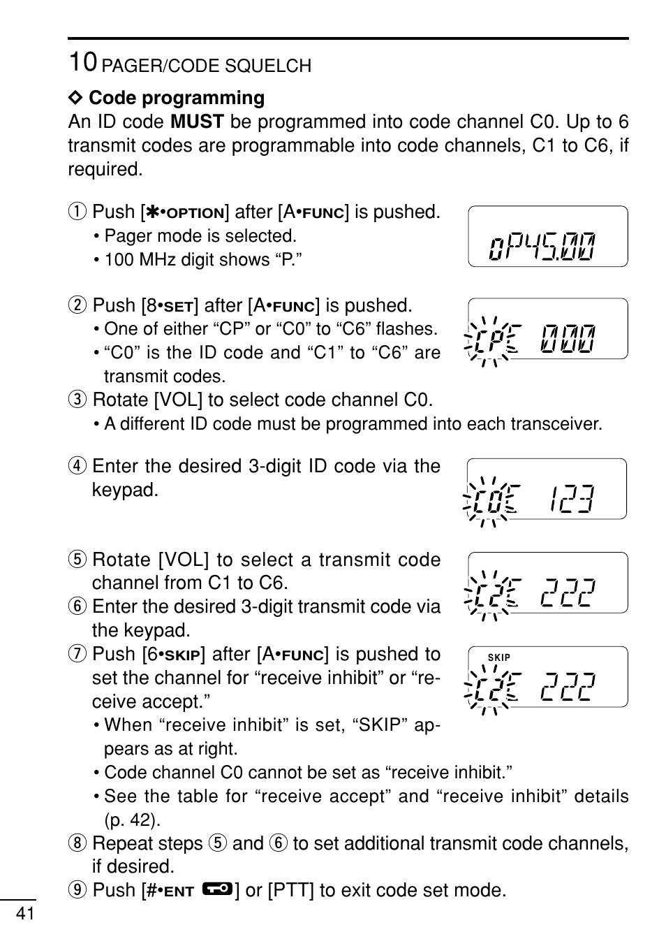After [a, Is pushed, Wpush [8 | Erotate [vol] to select code channel c0, Or [ptt] to exit code set mode | Icom IC-V8 User Manual | Page 50 / 68