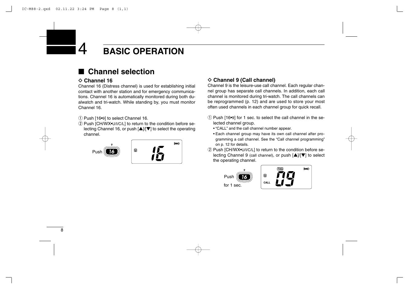 Basic operation, Channel selection | Icom IC-M88 User Manual | Page 14 / 40