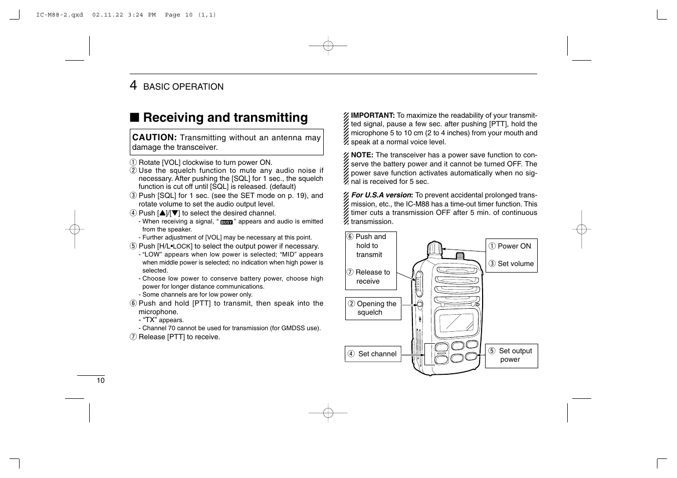 Receiving and transmitting | Icom IC-M88 User Manual | Page 16 / 40