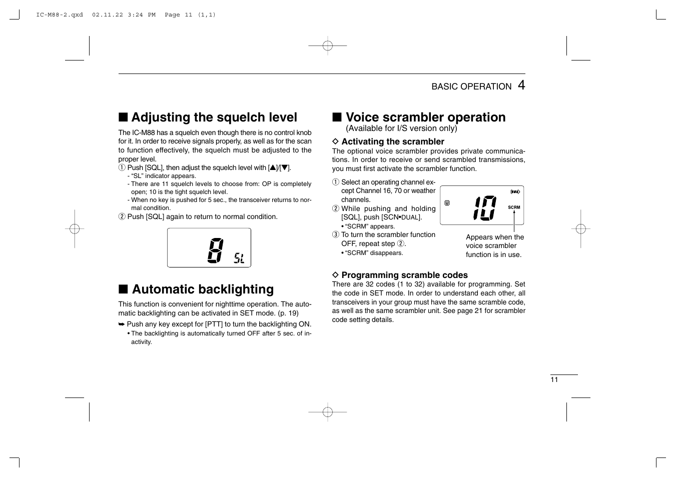 Adjusting the squelch level, Automatic backlighting, Voice scrambler operation | Icom IC-M88 User Manual | Page 17 / 40