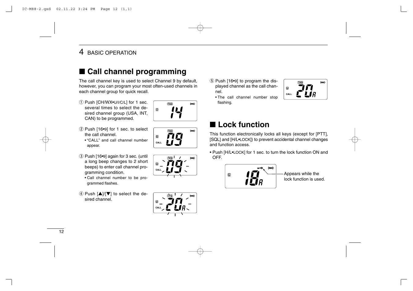 Call channel programming, Lock function | Icom IC-M88 User Manual | Page 18 / 40