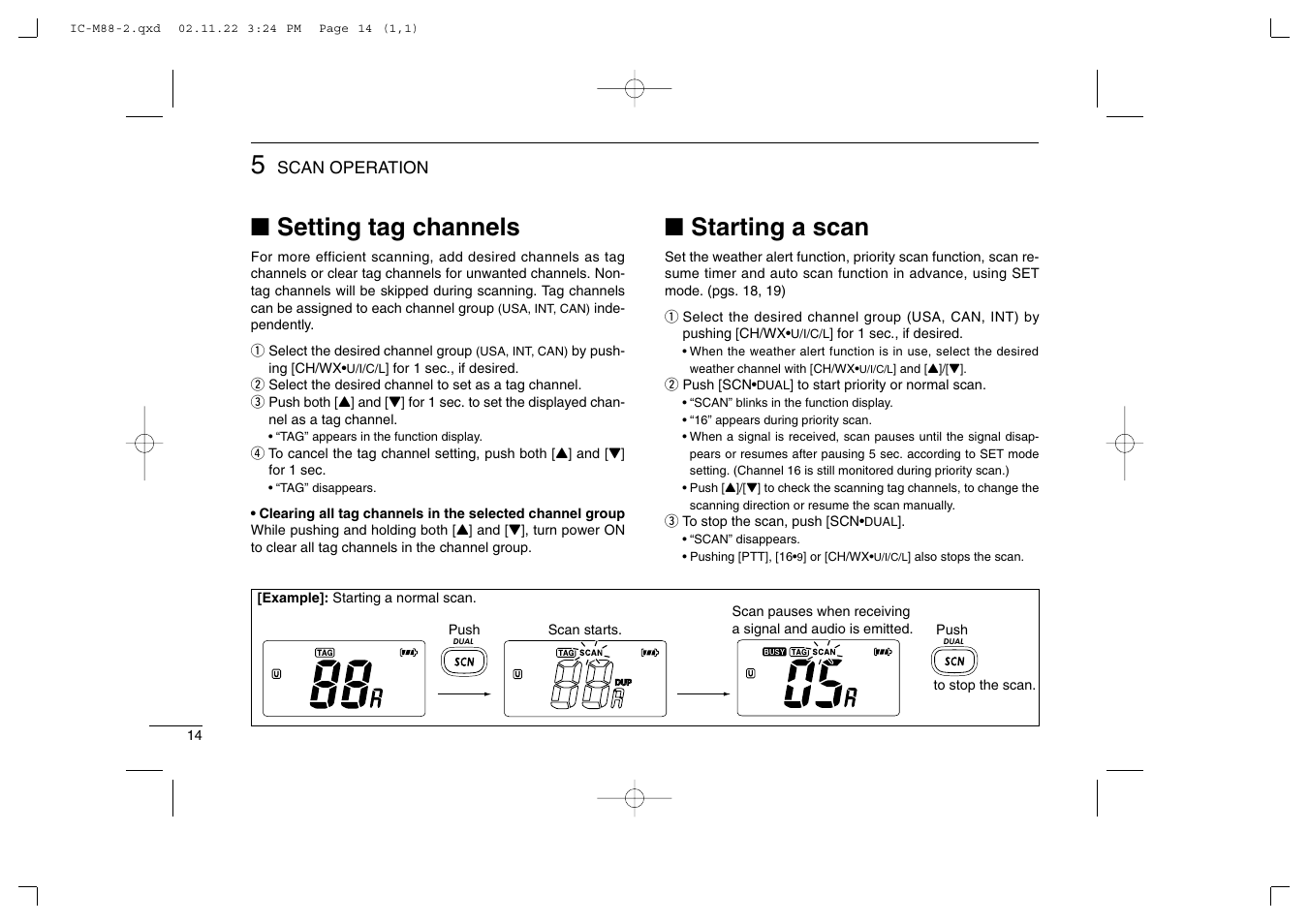Setting tag channels, Starting a scan | Icom IC-M88 User Manual | Page 20 / 40