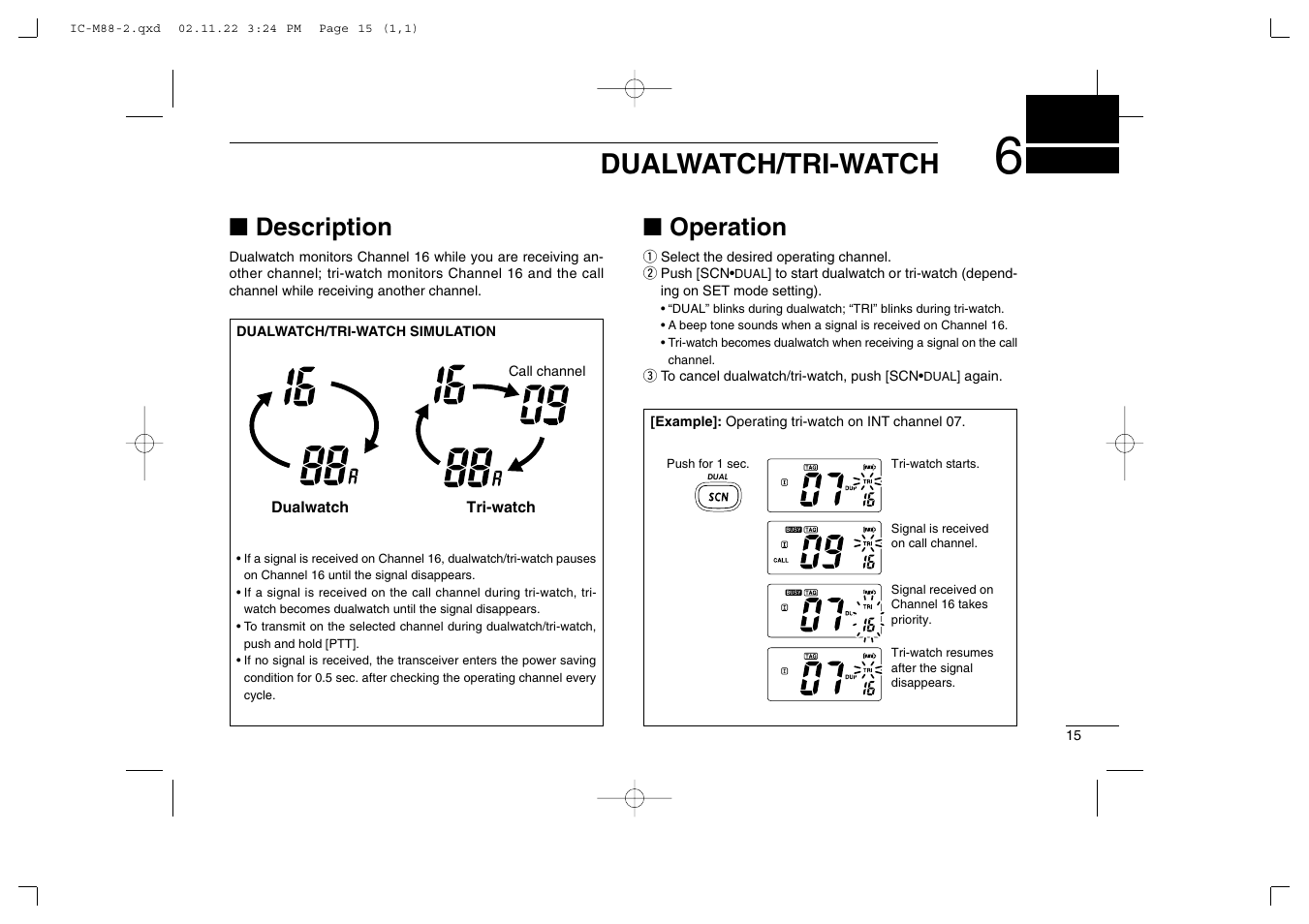 Dualwatch/tri-watch, Description, Operation | Icom IC-M88 User Manual | Page 21 / 40
