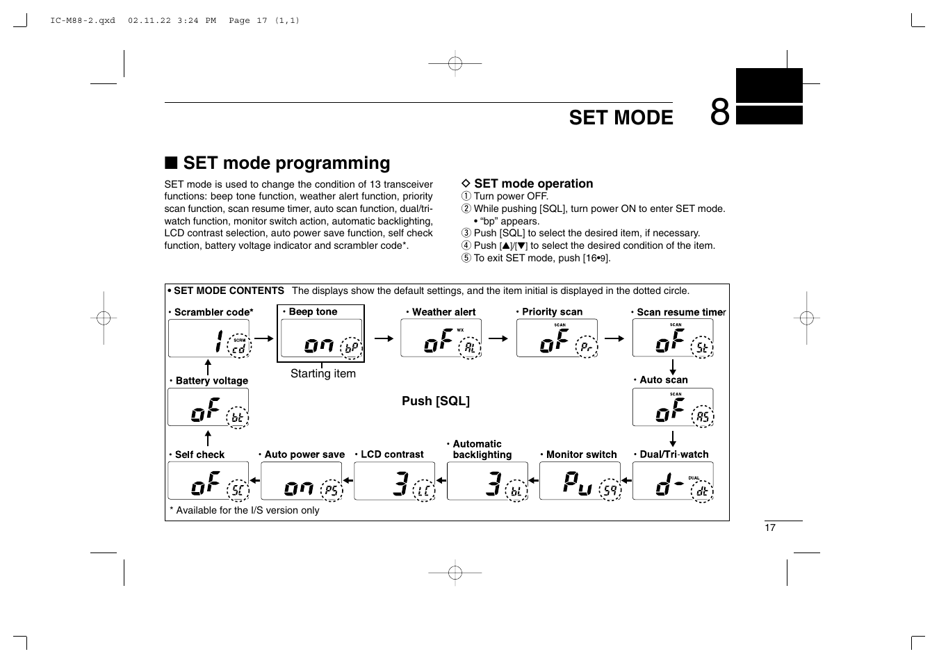 Set mode, Set mode programming | Icom IC-M88 User Manual | Page 23 / 40