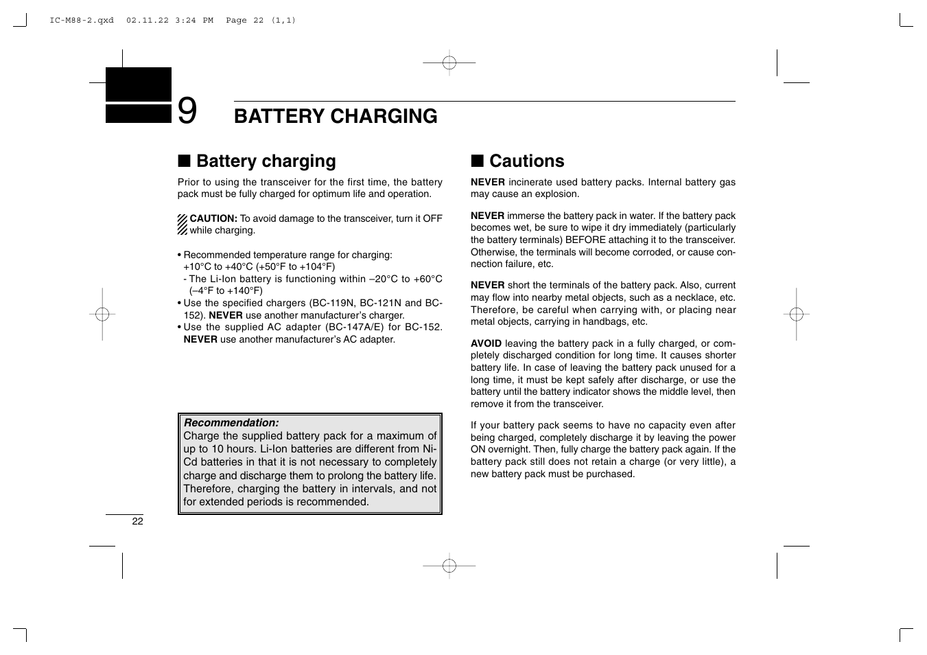 Battery charging, Cautions | Icom IC-M88 User Manual | Page 28 / 40