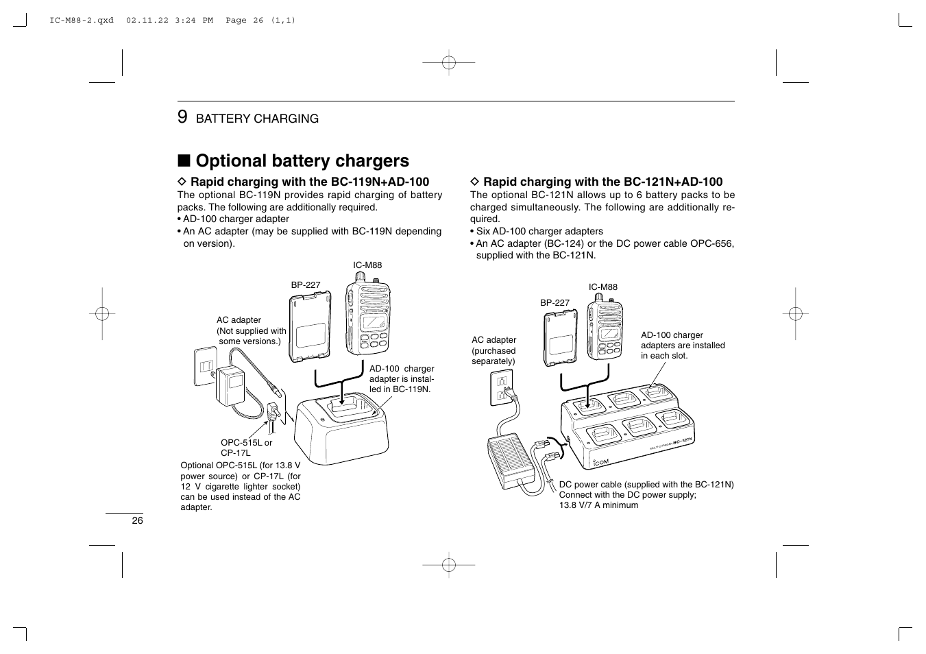 Optional battery chargers | Icom IC-M88 User Manual | Page 32 / 40