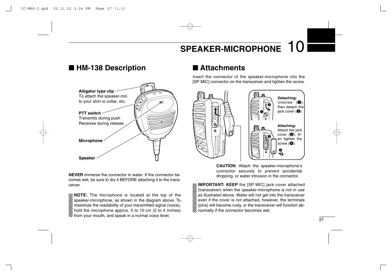 Speaker-microphone, Hm-138 description, Attachments | Icom IC-M88 User Manual | Page 33 / 40