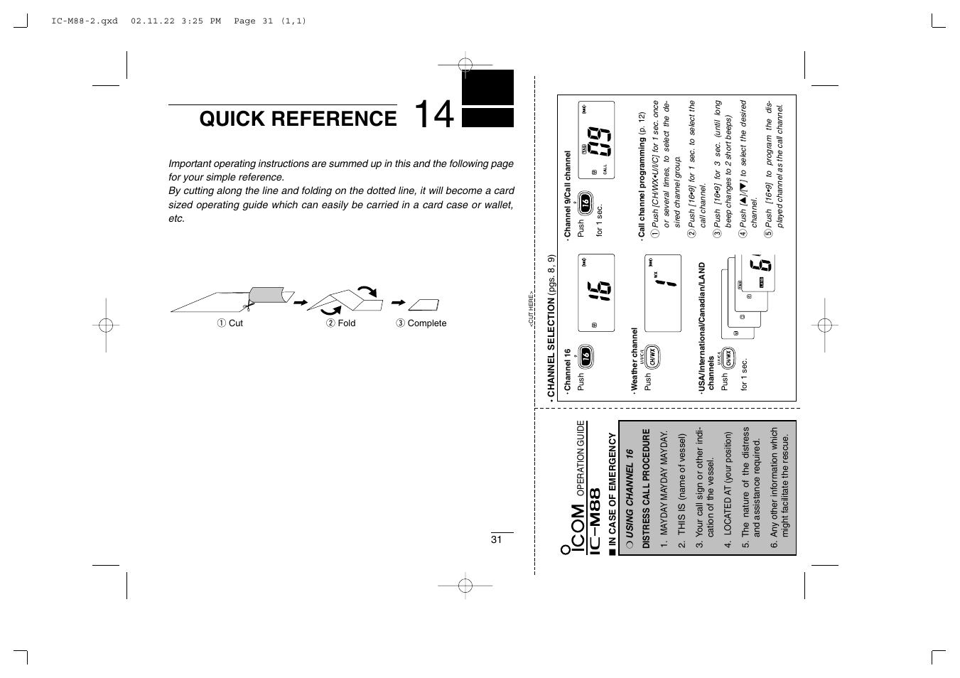 Quick reference | Icom IC-M88 User Manual | Page 37 / 40