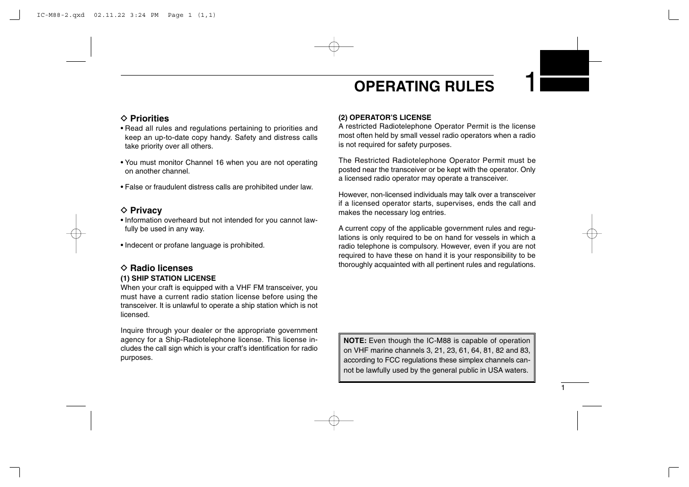 Operating rules | Icom IC-M88 User Manual | Page 7 / 40