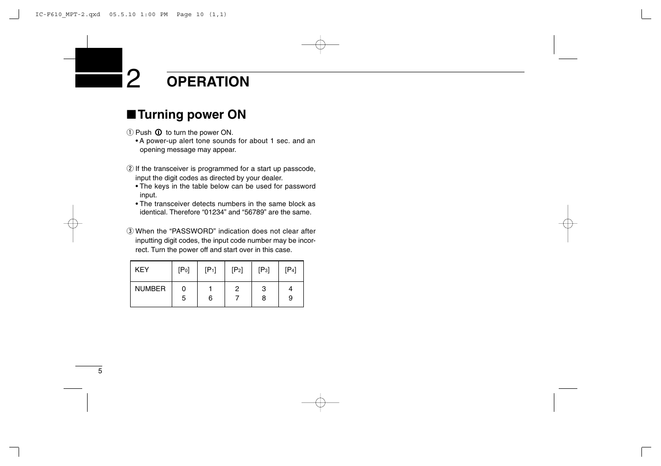 Operation, Turning power on | Icom IC-F610 User Manual | Page 10 / 36