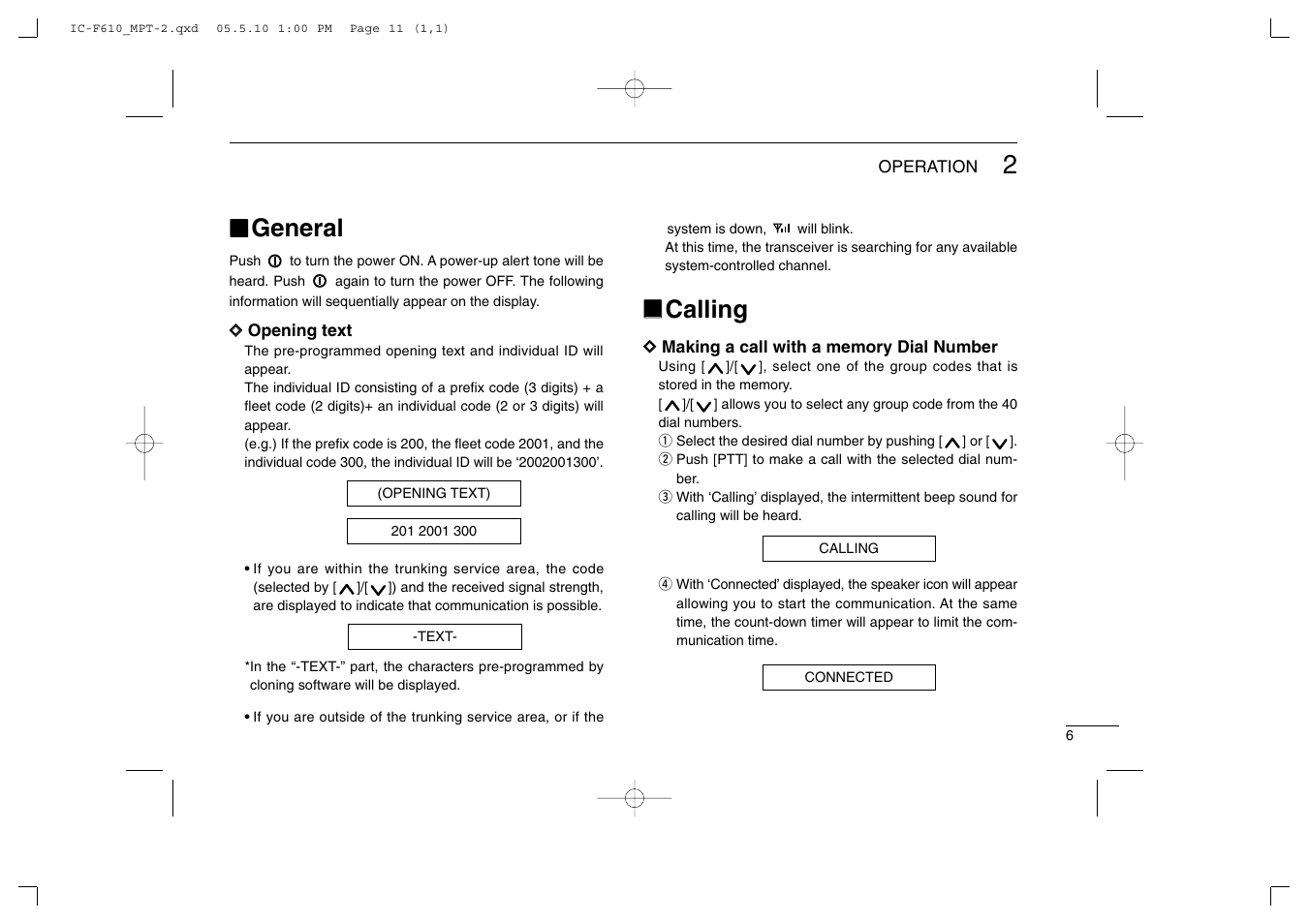General, Calling | Icom IC-F610 User Manual | Page 11 / 36