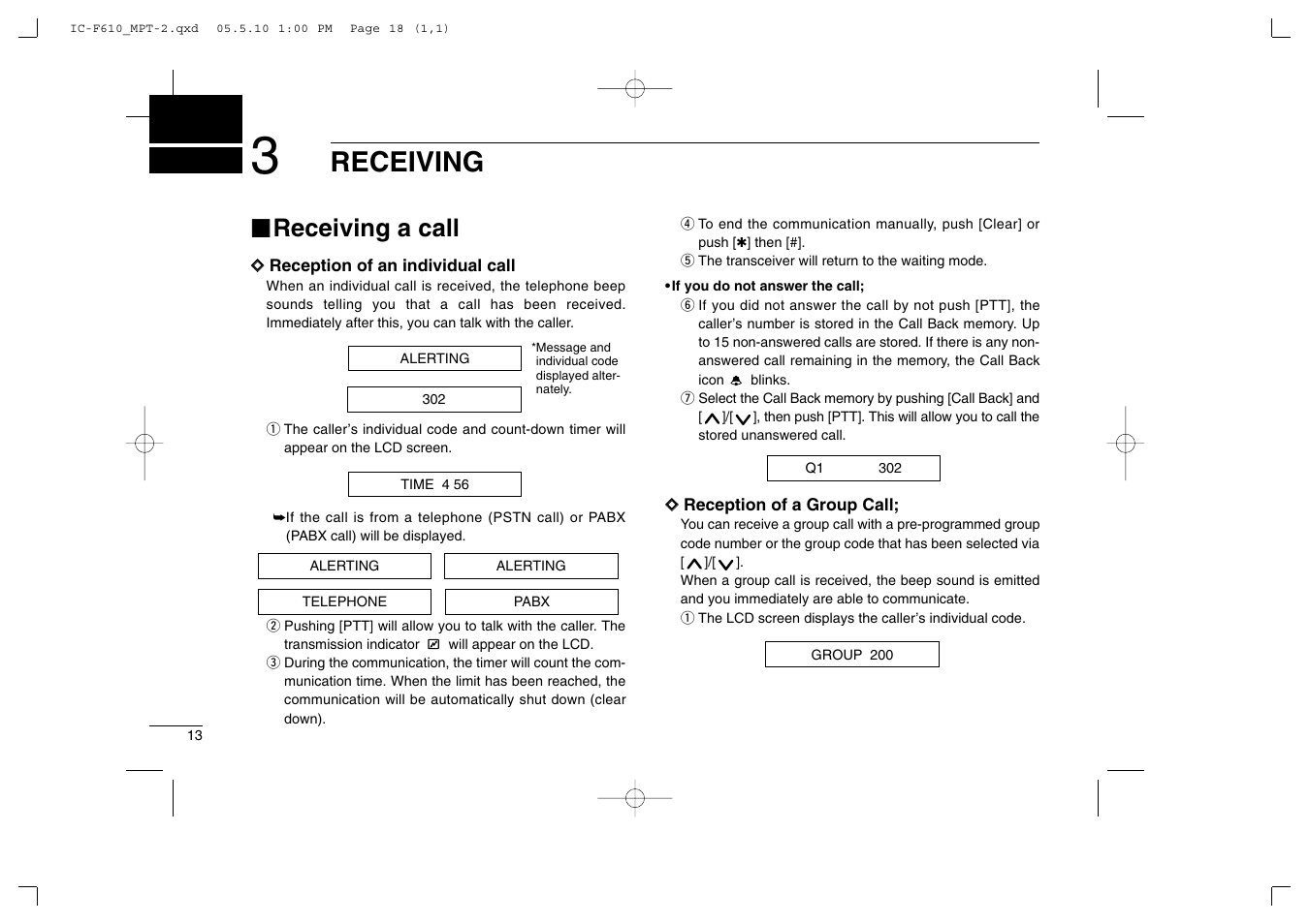 Receiving, Receiving a call | Icom IC-F610 User Manual | Page 18 / 36