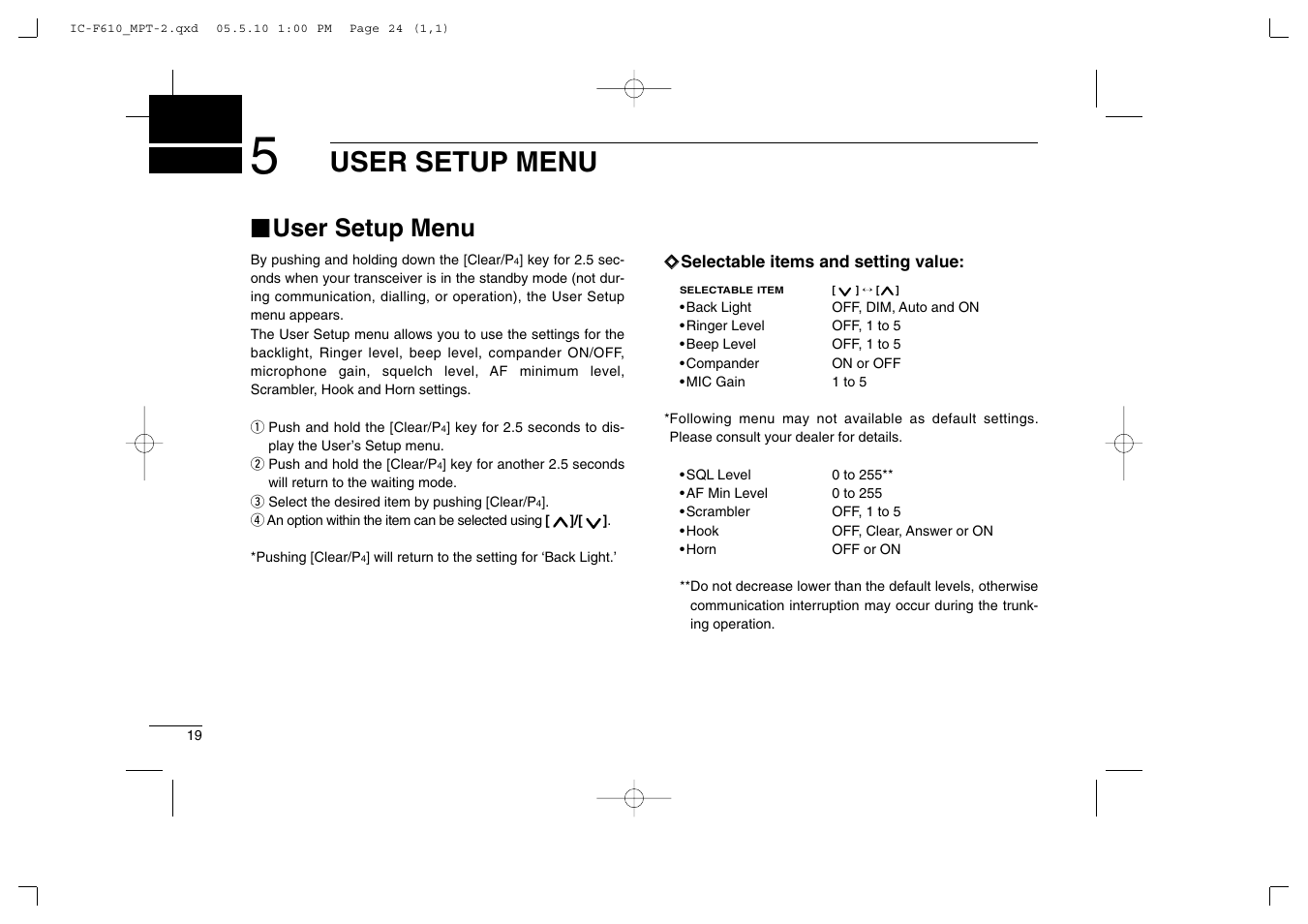 User setup menu | Icom IC-F610 User Manual | Page 24 / 36