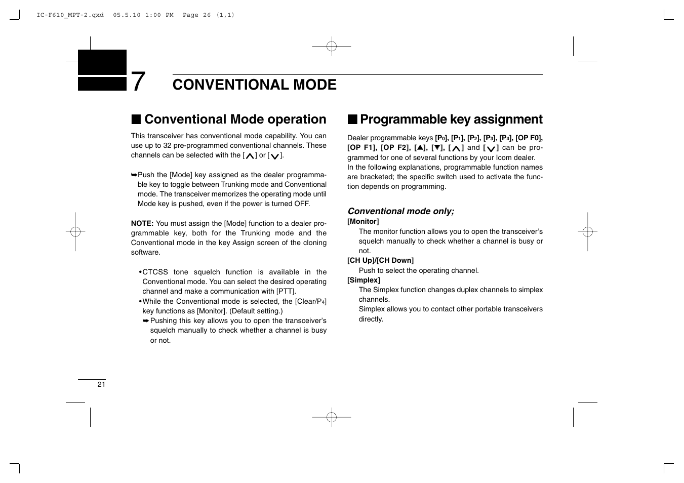 Conventional mode, Conventional mode operation, Programmable key assignment | Icom IC-F610 User Manual | Page 26 / 36
