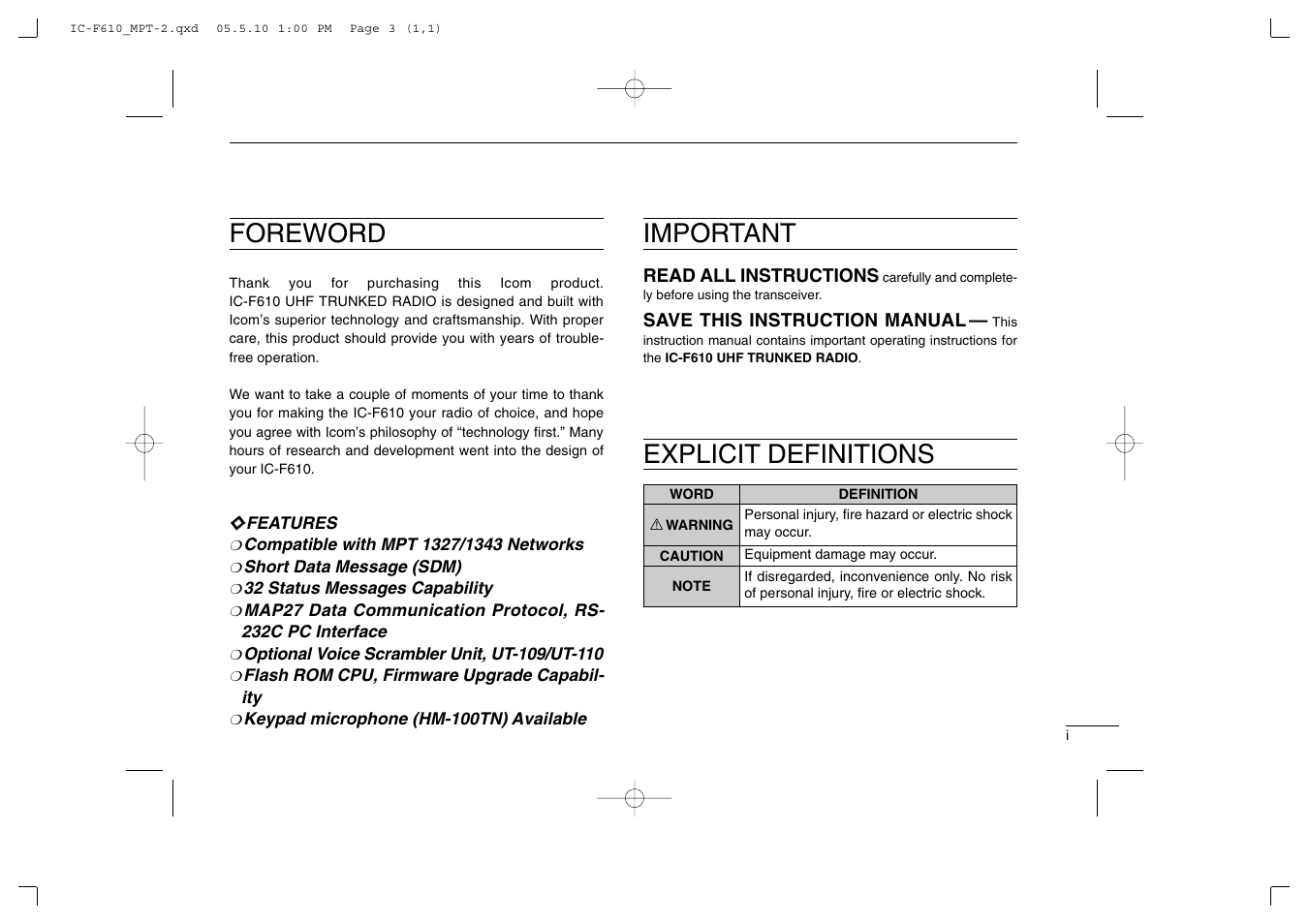 Foreword, Explicit definitions, Important | Icom IC-F610 User Manual | Page 3 / 36