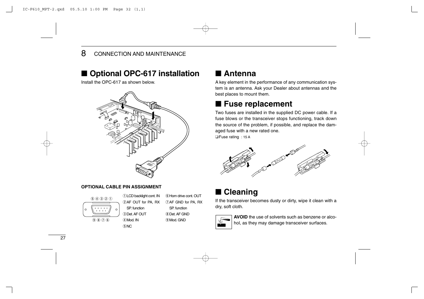 Optional opc-617 installation, Antenna, Fuse replacement | Cleaning | Icom IC-F610 User Manual | Page 32 / 36