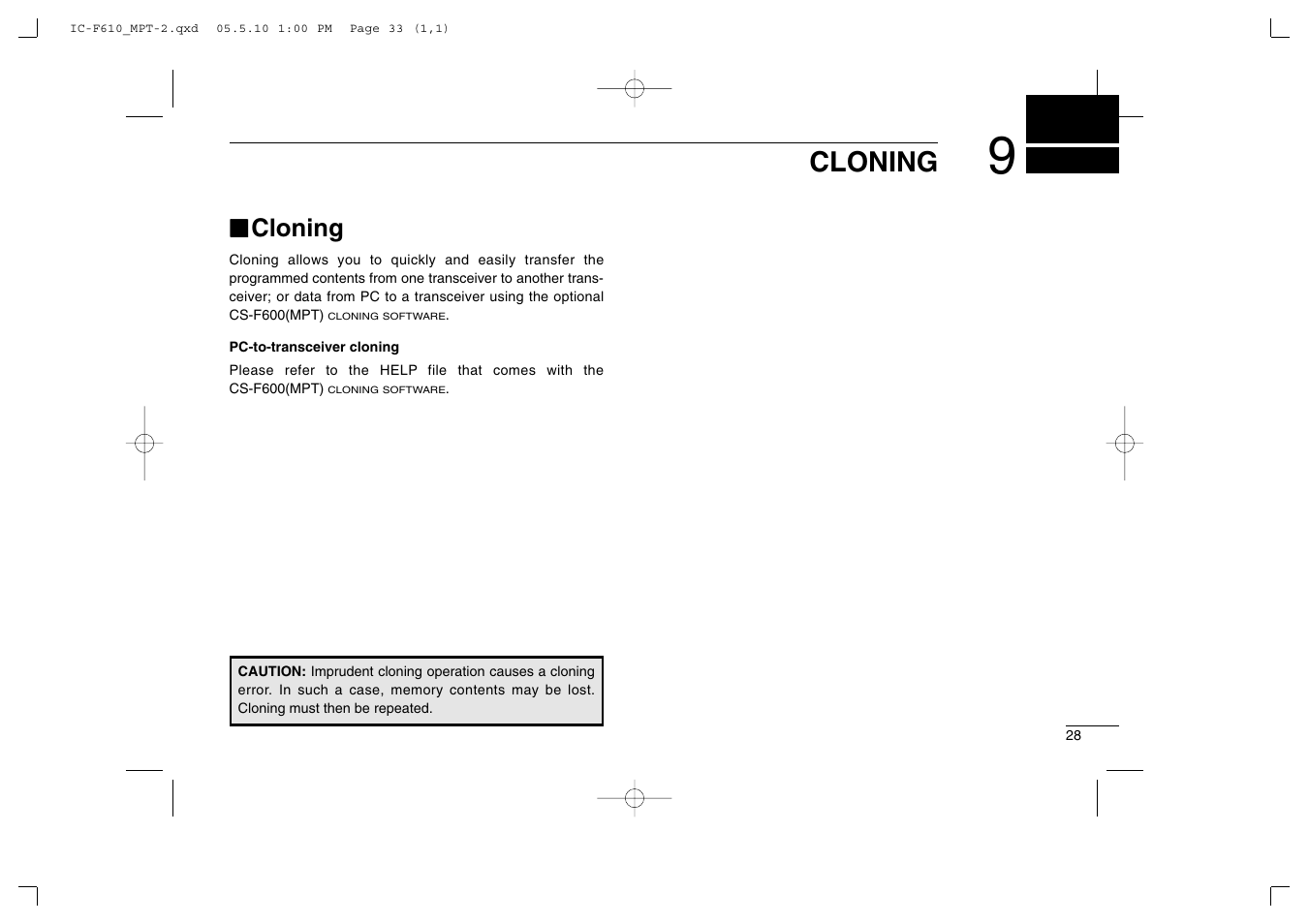 Cloning | Icom IC-F610 User Manual | Page 33 / 36