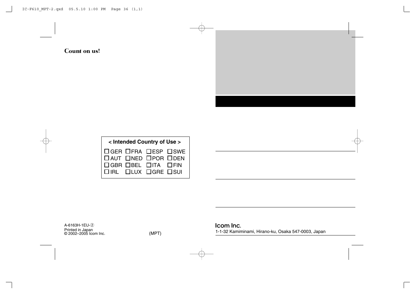 Icom IC-F610 User Manual | Page 36 / 36