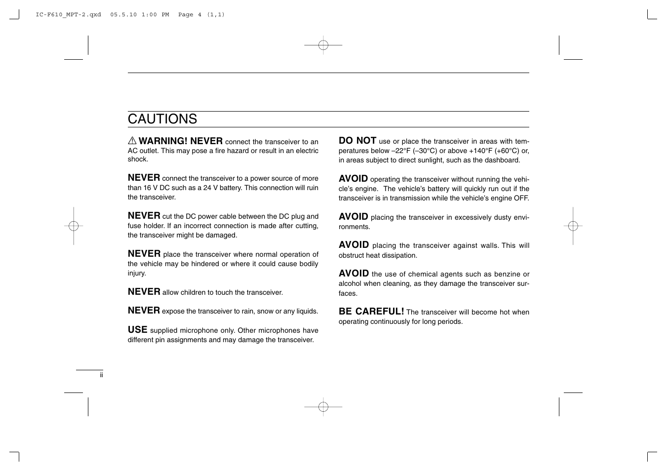 Cautions | Icom IC-F610 User Manual | Page 4 / 36