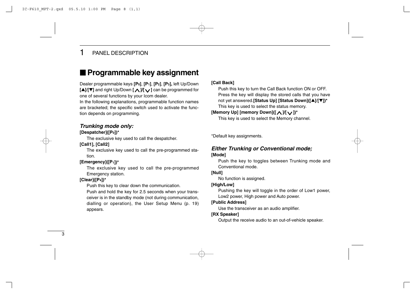 Programmable key assignment | Icom IC-F610 User Manual | Page 8 / 36