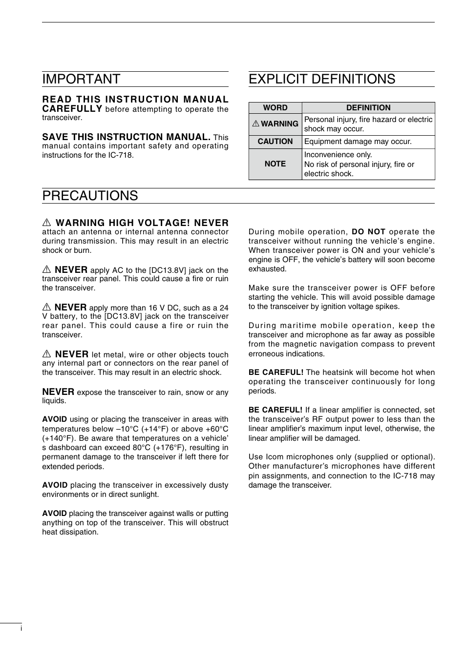 Important, Explicit definitions precautions | Icom IC-718 User Manual | Page 2 / 64