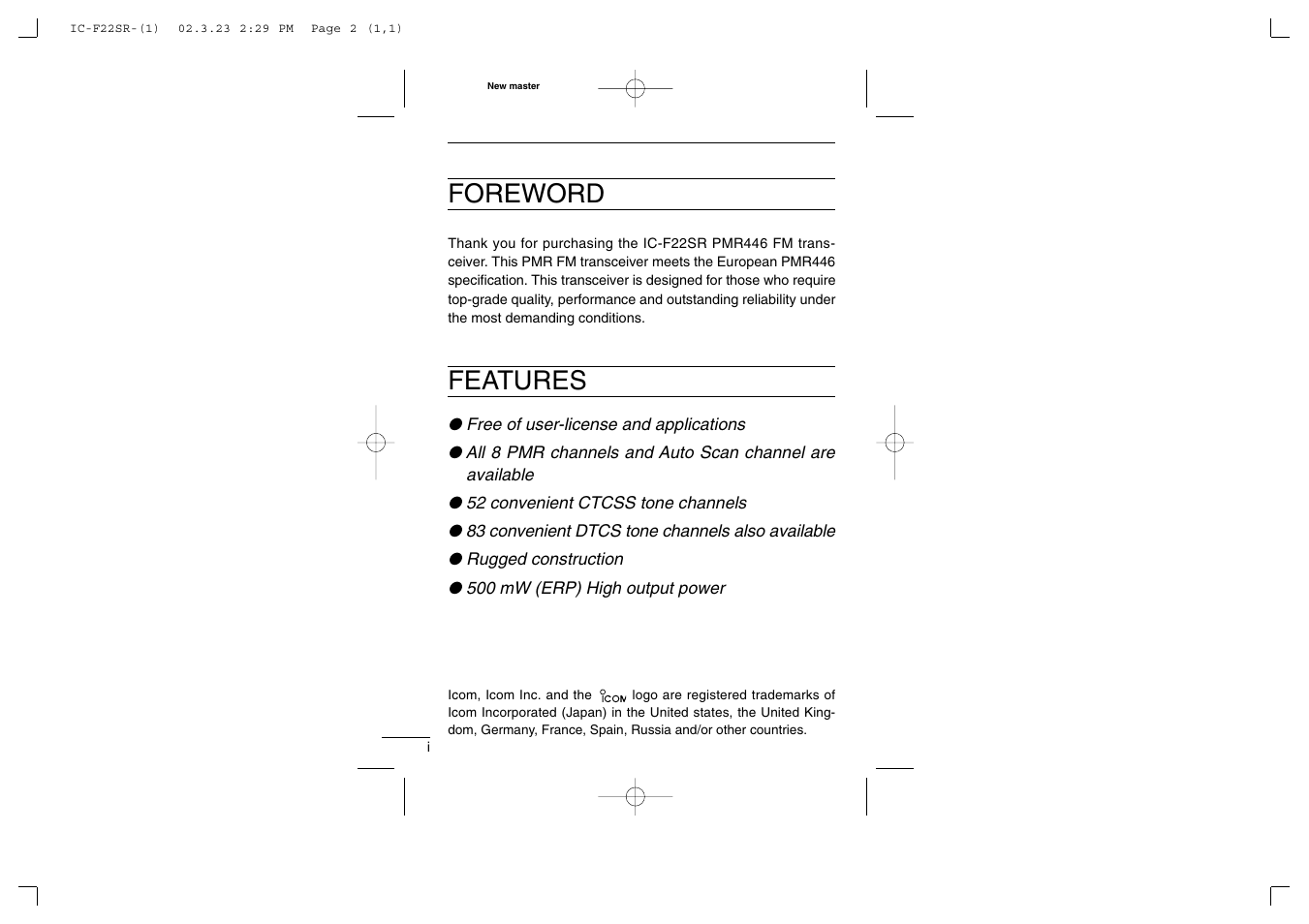 Foreword, Features | Icom iF22SR User Manual | Page 2 / 36