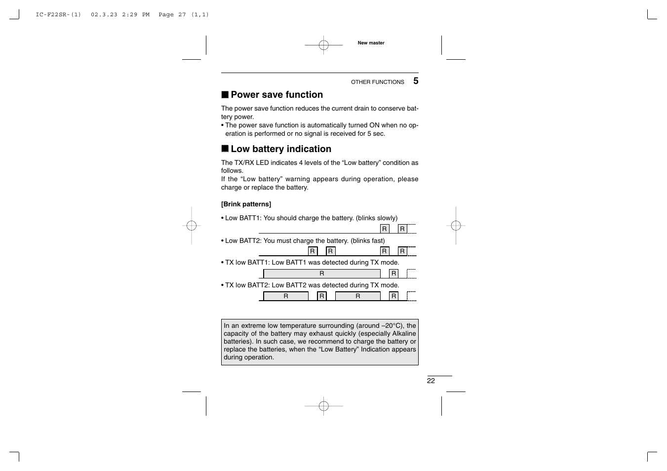 Power save function, Low battery indication | Icom iF22SR User Manual | Page 27 / 36