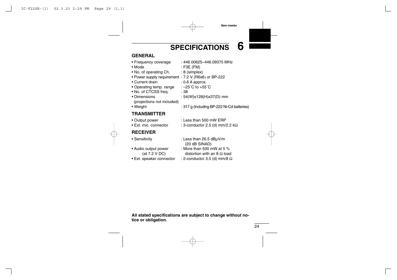 Specifications | Icom iF22SR User Manual | Page 29 / 36