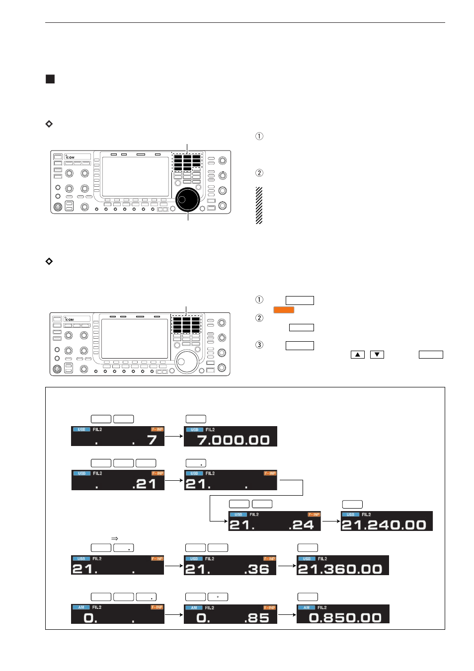 Frequency setting, Dtuning with the main dial, Ddirect frequency entry with the keypad | Qpush the desired band key on the keypad 1–3 times, Basic operations [example, Winput the desired frequency, Epush to set the input frequency | Icom IC-7700 User Manual | Page 43 / 214