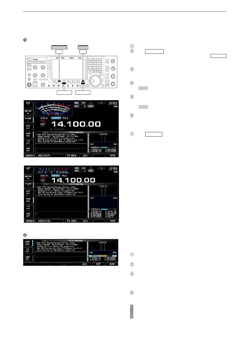 Dfunctions for the rtty decoder indication, Dsetting the decoder threshold level | Icom IC-7700 User Manual | Page 67 / 214