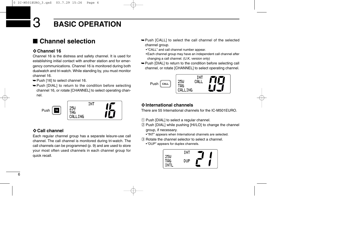 Basic operation, Channel selection | Icom VHF MARINE TRANSCEIVER IC-M501EURO User Manual | Page 10 / 34