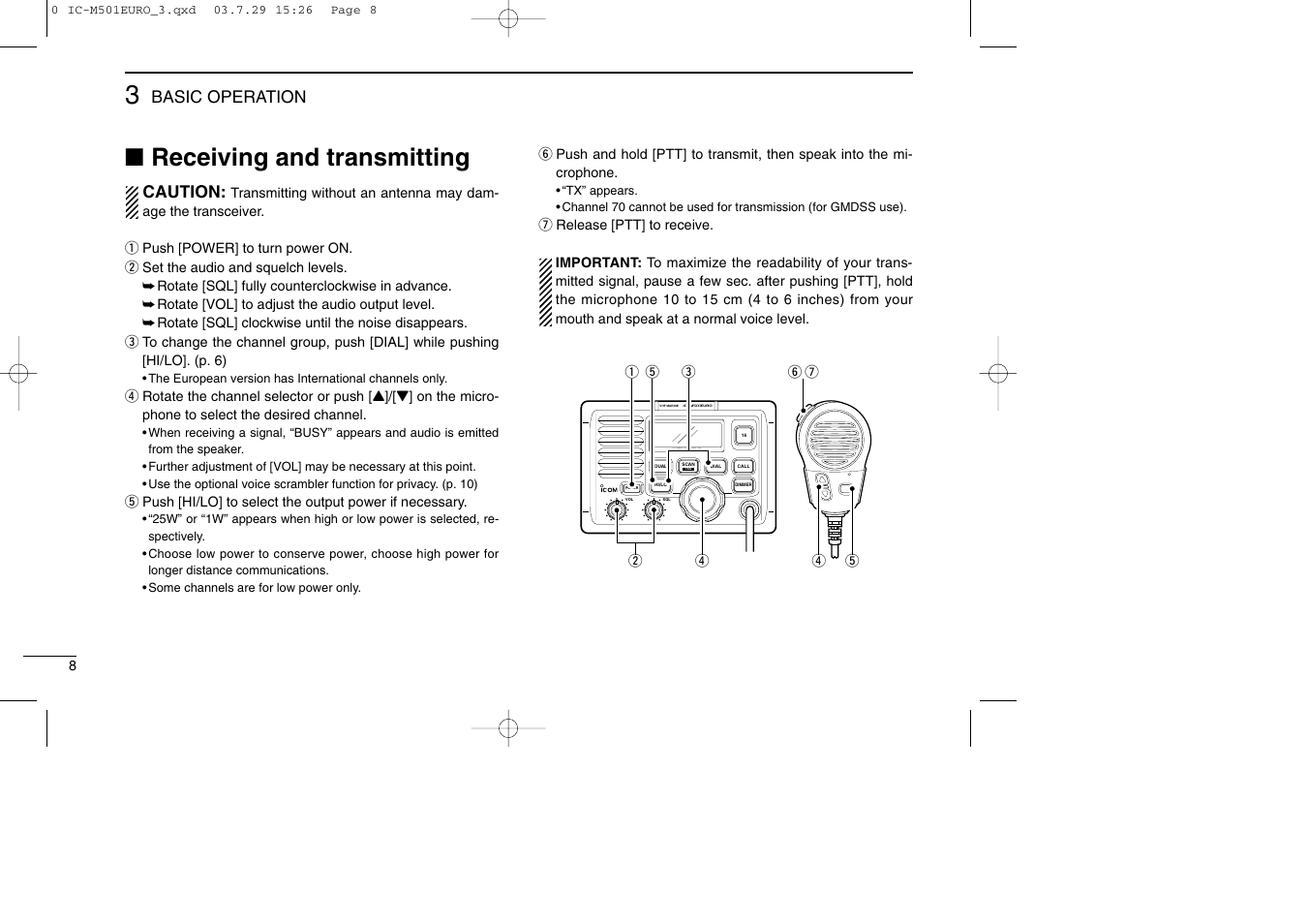 Receiving and transmitting, Caution, Basic operation | Icom VHF MARINE TRANSCEIVER IC-M501EURO User Manual | Page 12 / 34