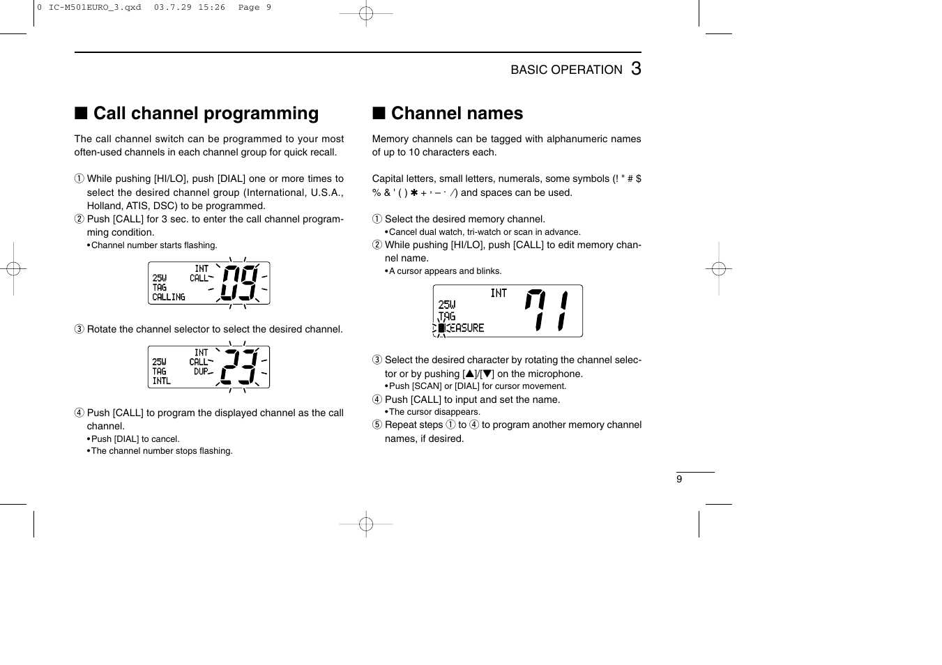 Call channel programming, Channel names | Icom VHF MARINE TRANSCEIVER IC-M501EURO User Manual | Page 13 / 34