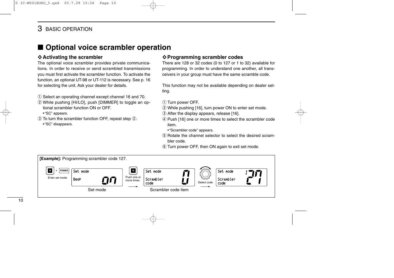 Optional voice scrambler operation | Icom VHF MARINE TRANSCEIVER IC-M501EURO User Manual | Page 14 / 34