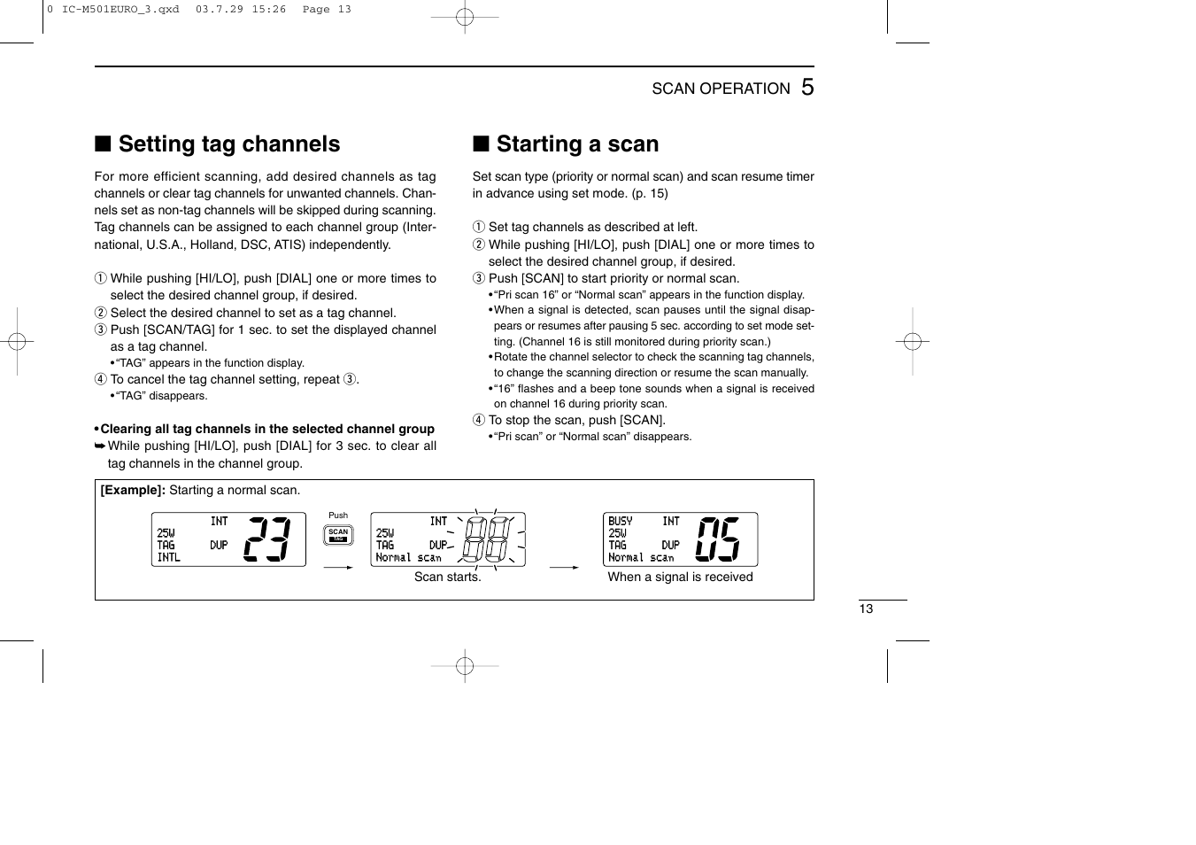 Setting tag channels, Starting a scan | Icom VHF MARINE TRANSCEIVER IC-M501EURO User Manual | Page 17 / 34