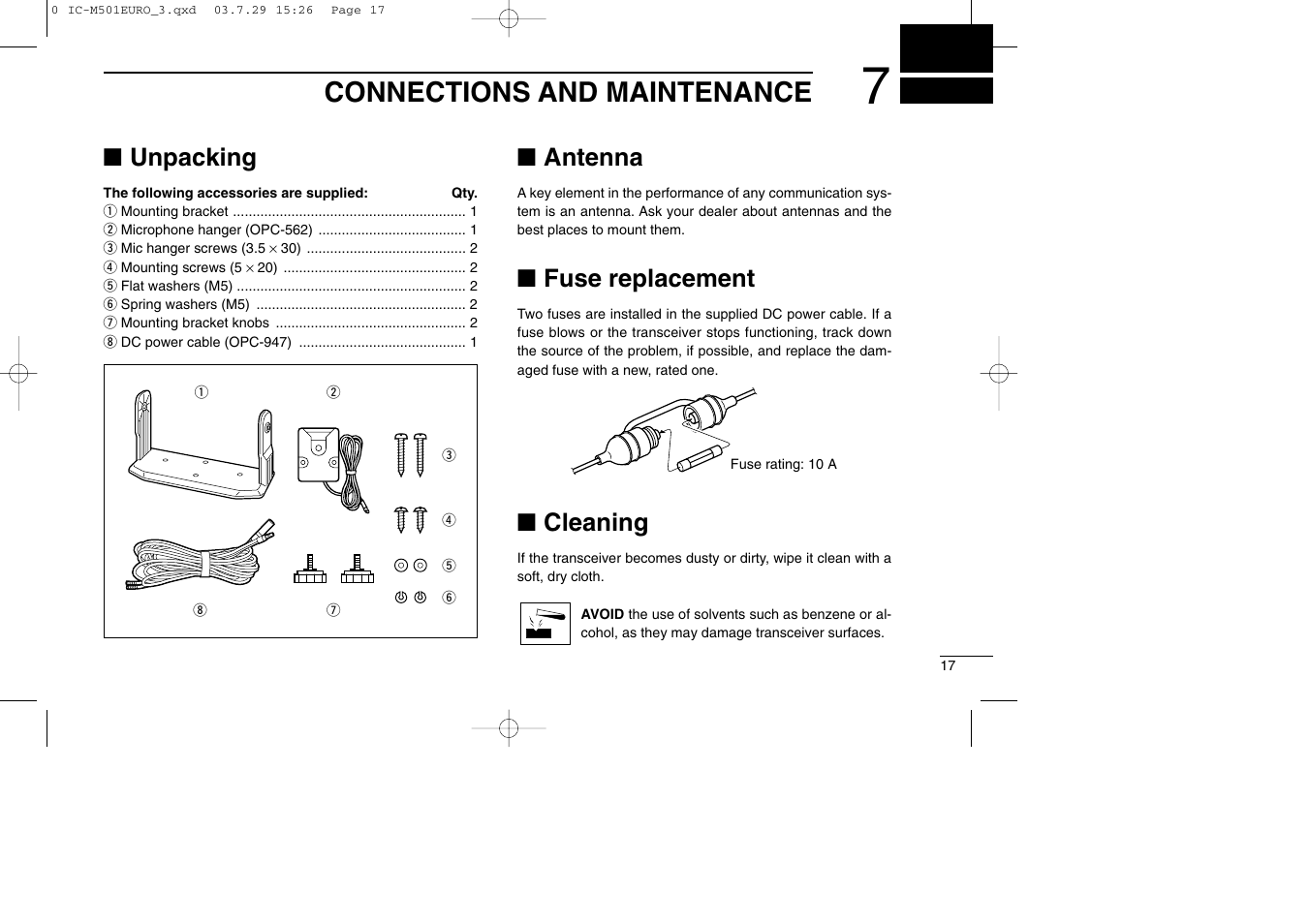 Connections and maintenance, Unpacking, Antenna | Fuse replacement, Cleaning | Icom VHF MARINE TRANSCEIVER IC-M501EURO User Manual | Page 21 / 34