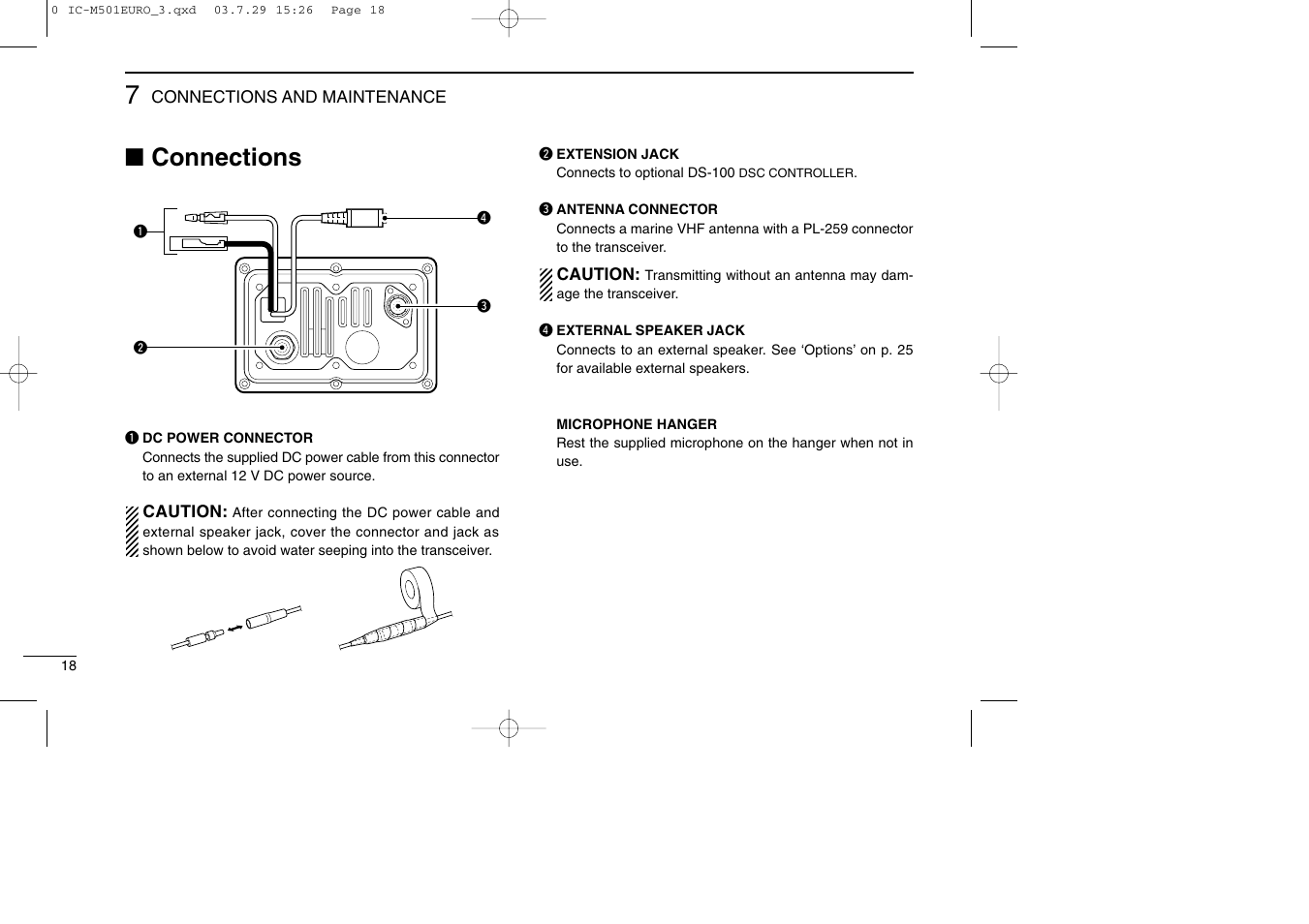 Connections | Icom VHF MARINE TRANSCEIVER IC-M501EURO User Manual | Page 22 / 34