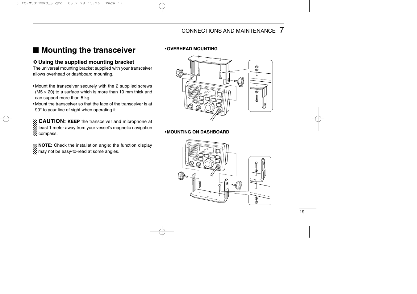 Mounting the transceiver | Icom VHF MARINE TRANSCEIVER IC-M501EURO User Manual | Page 23 / 34
