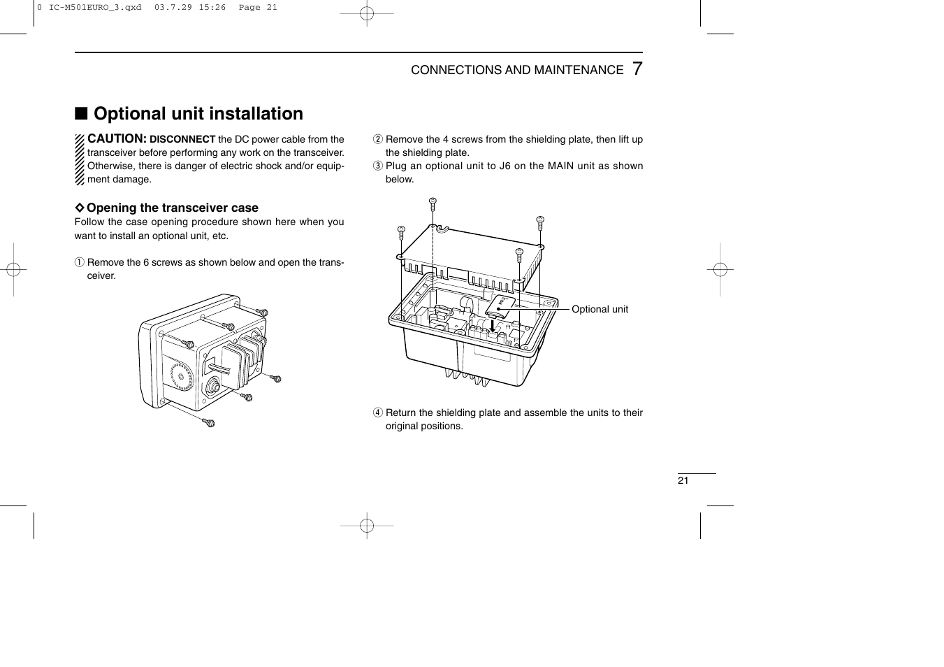 Optional unit installation | Icom VHF MARINE TRANSCEIVER IC-M501EURO User Manual | Page 25 / 34