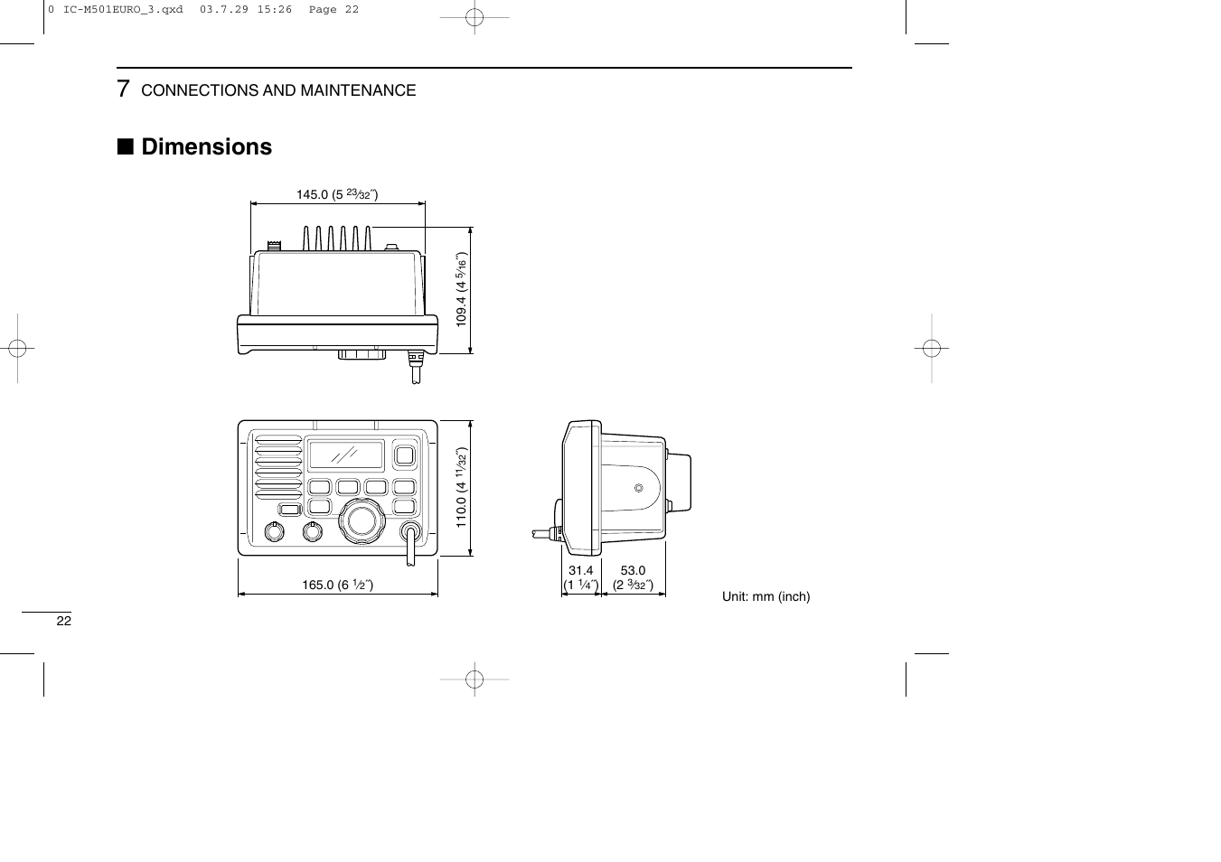 Dimensions | Icom VHF MARINE TRANSCEIVER IC-M501EURO User Manual | Page 26 / 34
