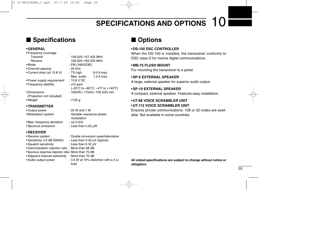 Specifications and options, Specifications, Options | Icom VHF MARINE TRANSCEIVER IC-M501EURO User Manual | Page 29 / 34