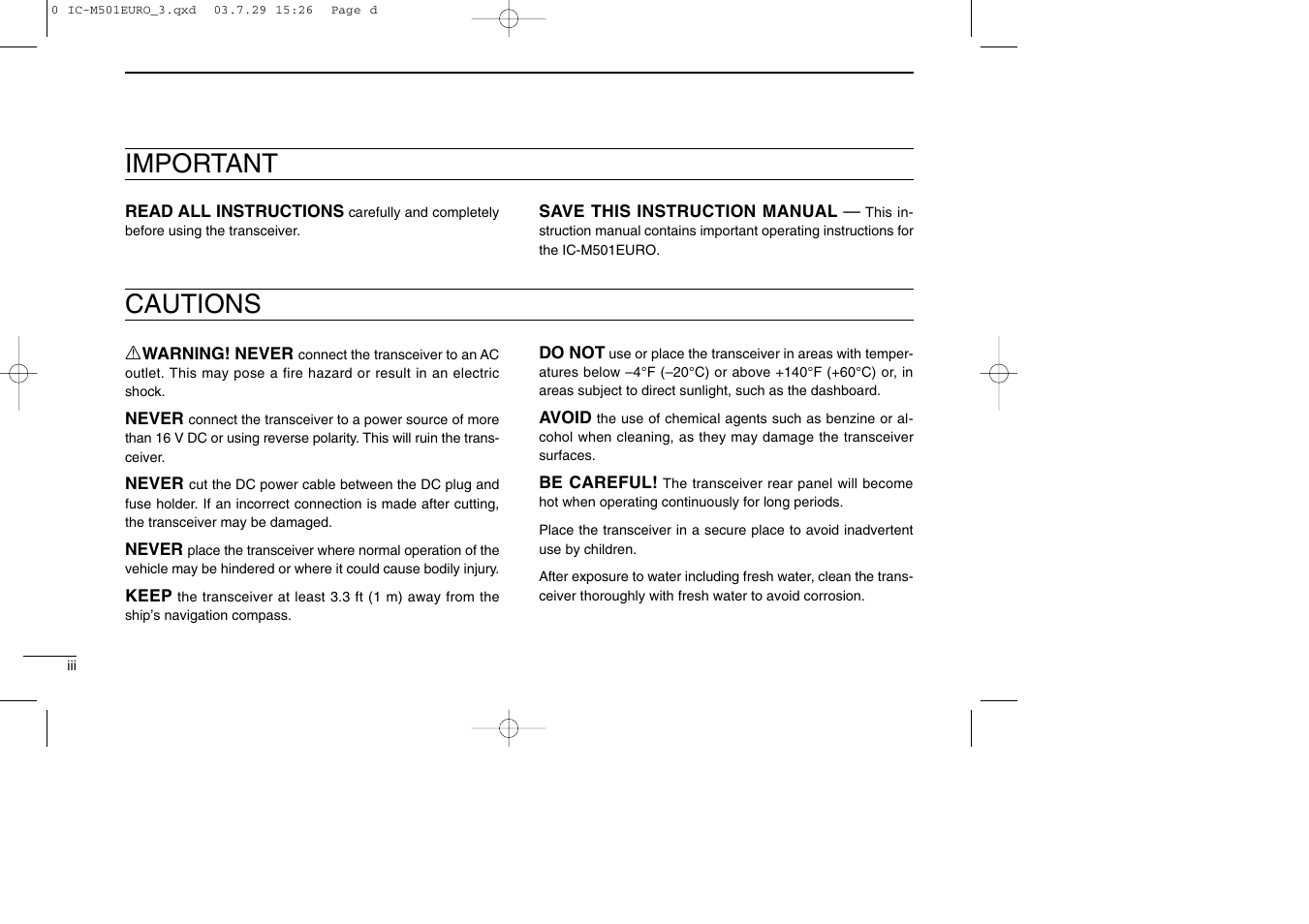 Cautions important | Icom VHF MARINE TRANSCEIVER IC-M501EURO User Manual | Page 4 / 34