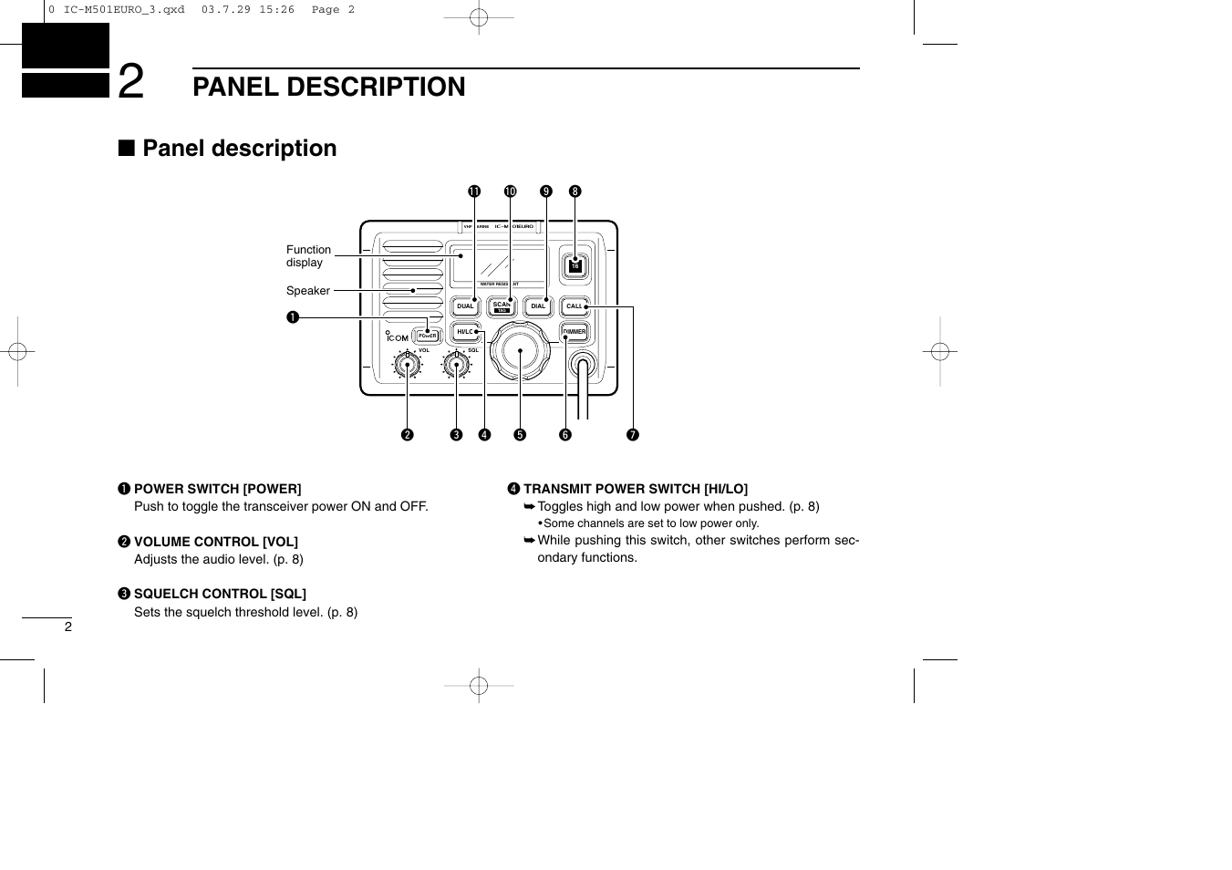 Panel description | Icom VHF MARINE TRANSCEIVER IC-M501EURO User Manual | Page 6 / 34