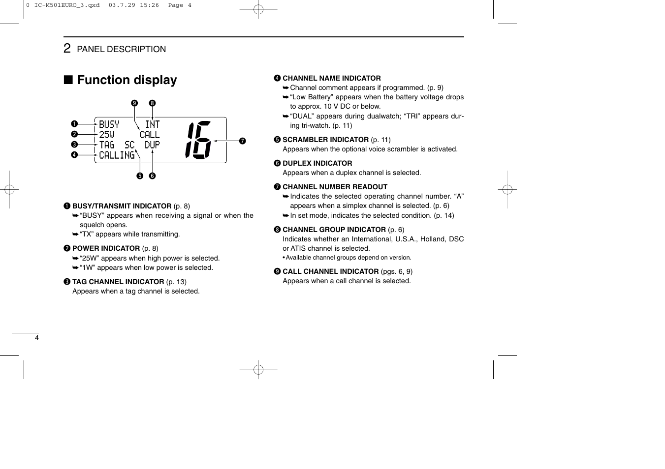 Function display | Icom VHF MARINE TRANSCEIVER IC-M501EURO User Manual | Page 8 / 34