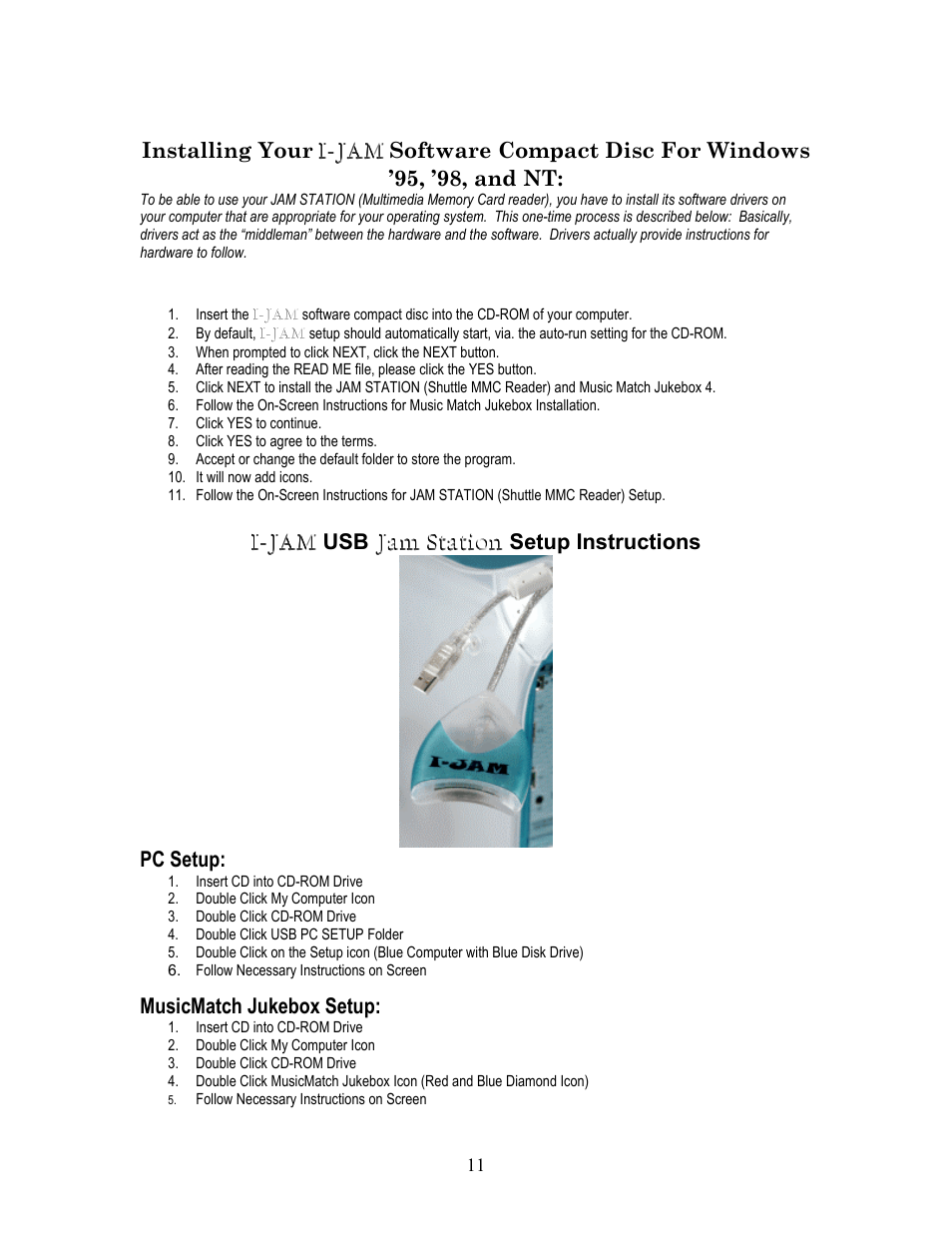 Pc setup, Musicmatch jukebox setup | I-JAM Multimedia I-Jam IJ 100 User Manual | Page 11 / 48