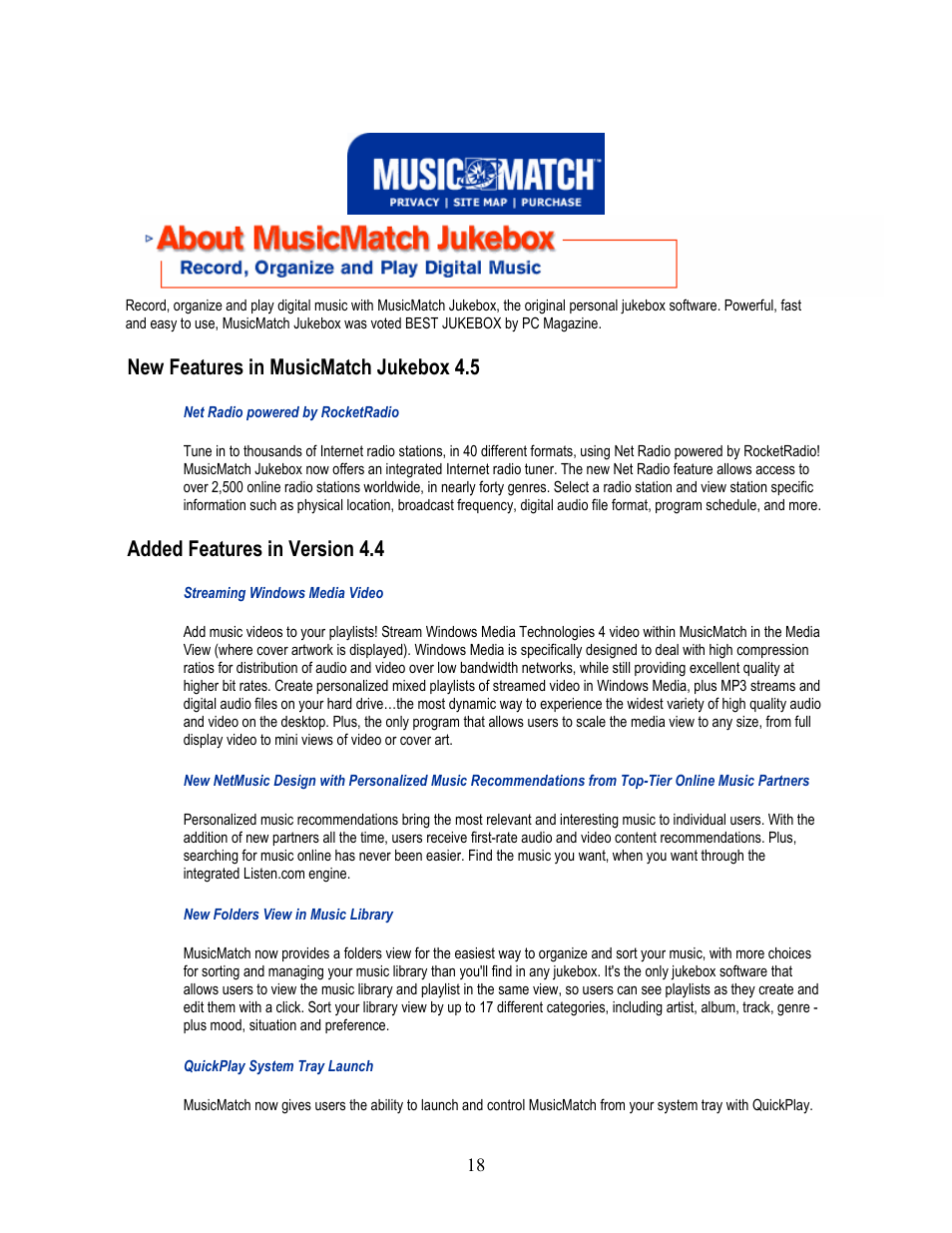 New features in musicmatch jukebox 4.5, Added features in version 4.4 | I-JAM Multimedia I-Jam IJ 100 User Manual | Page 18 / 48