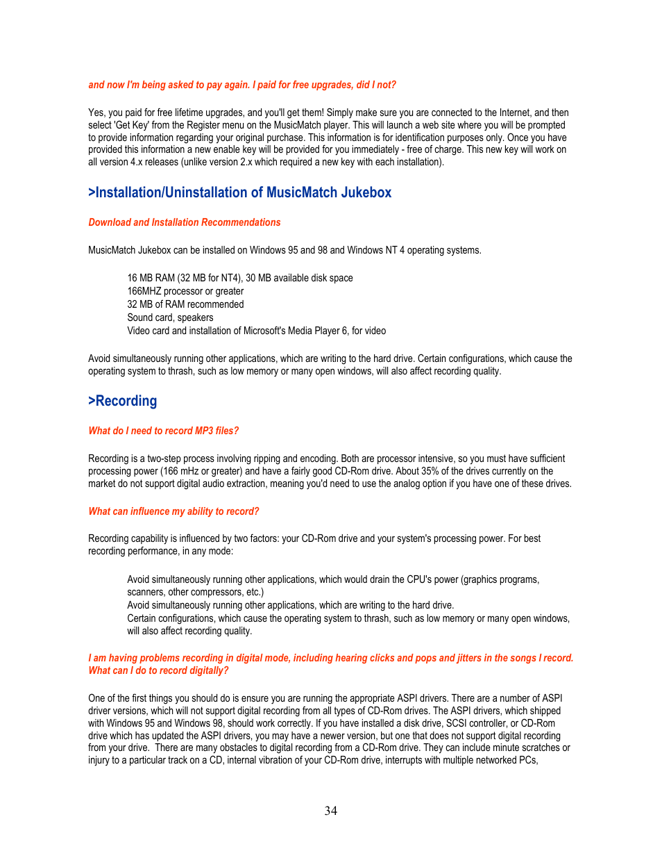 Installation/uninstallation of musicmatch jukebox, Recording | I-JAM Multimedia I-Jam IJ 100 User Manual | Page 34 / 48