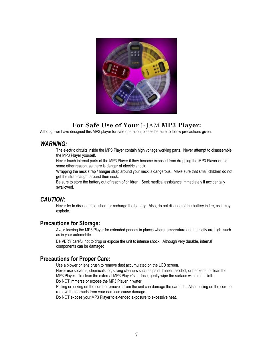 Warning, Caution, Precautions for storage | Precautions for proper care | I-JAM Multimedia I-Jam IJ 100 User Manual | Page 7 / 48